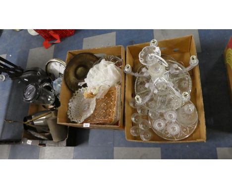 Three Boxes Containing Glassware Including Five Branch Chandelier also Bulk Head Light, Brass Watering Can, Glass Trays, Figu