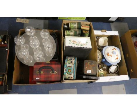 Three Boxes of Sundries to Include Ceiling Light Fitting, Toys and Games, 45rpm Records, Edison Cylinder Boxes, Vintage Tins,