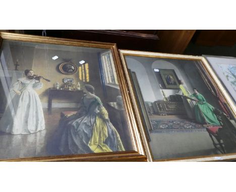 Two Gilt Framed Prints, Girl Playing Violin and Girls Beside Tapestries 