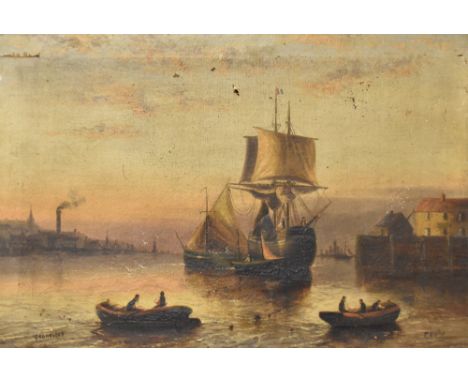 T.Miller (British 19th/20th century) oil on canvas 'Grunesend' possibly ment to be Gravesend, river scene with masted ship an