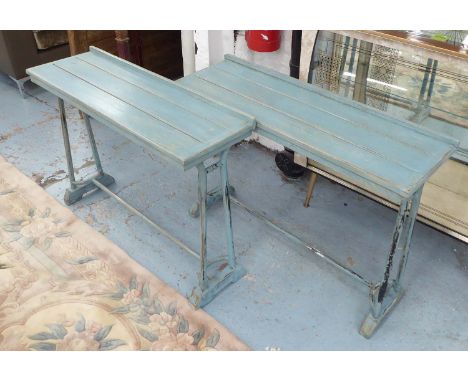 INDUSTRIAL STYLE CONSOLE TABLES, a pair, in blue distressed effect painted finish, 104cm x 33cm x 74cm H. (2)
