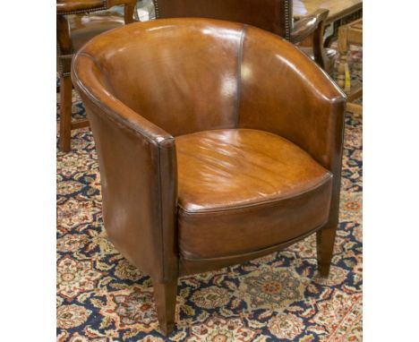 TUB ARMCHAIRS, a pair, vintage hand finished leaf brown leather upholstered, each with cushion seats, curved backs and taperi