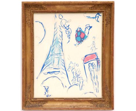 MARC CHAGALL 'The Eiffel Tower', lithograph 1965, printed by Mourlot Freres, 27cm x 22cm, framed and glazed.