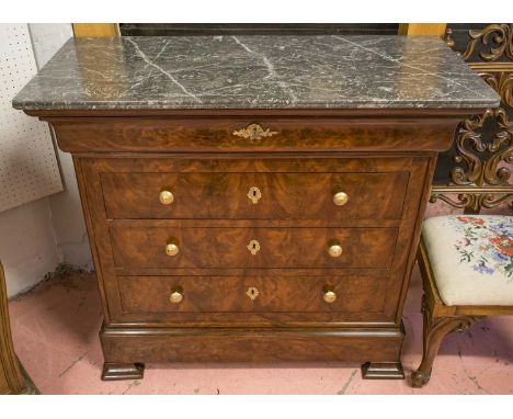 HALL COMMODE, 19th century French, Louis Philippe flame mahogany, with marble top above five long drawers, 99cm W x 44cm D x 