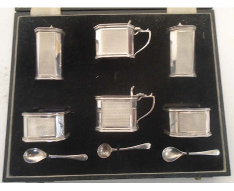 SILVER CRUET SET, six piece with spoons, engine engraved decoration, Birmingham 1947, makers J.B. Chatterly & Sons Ltd, fitte