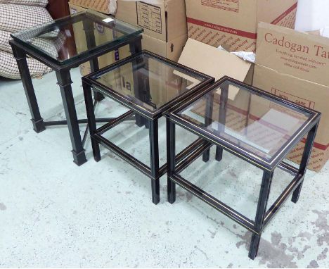 PIERRE VANDEL LOW TABLES, a pair, black lacquer and brass of two glass tiers, 52cm H  x 50cm x 41cm and another lamp base wit