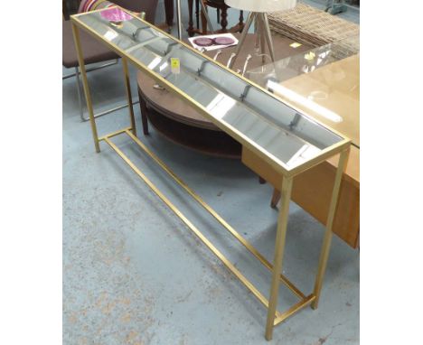 CONSOLE TABLE, with mirrored top on a gilded metal base, 152cm x 26cm x 78cm H.
