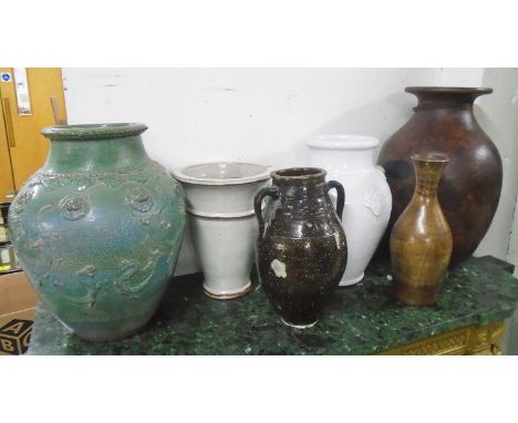SIX VARIOUS CERAMIC GARDEN POTS, largest 68.5cm H. (6)