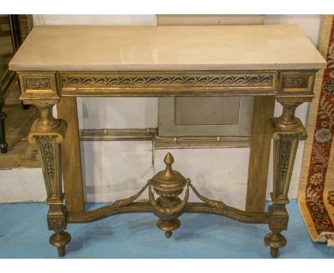 CONSOLE TABLE, late 19th/early 20th century Italian renaissance style, giltwood with faux marble top and decorated frieze and