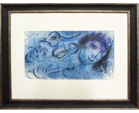 MARC CHAGALL 'The flute player', lithograph in colours, 1957, printed by Mourlot Frères, 22.5cm x 38cm, framed and glazed.