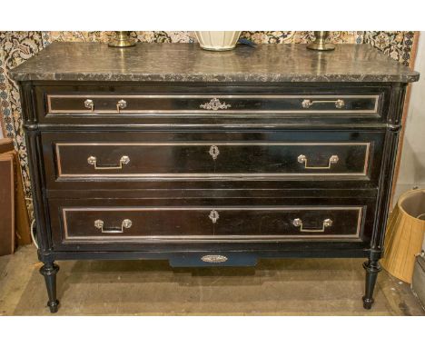 COMMODE, Directoire style, ebonised and silvered metal mounted with grey marble top above three frieze drawers, 120cm W x 87c