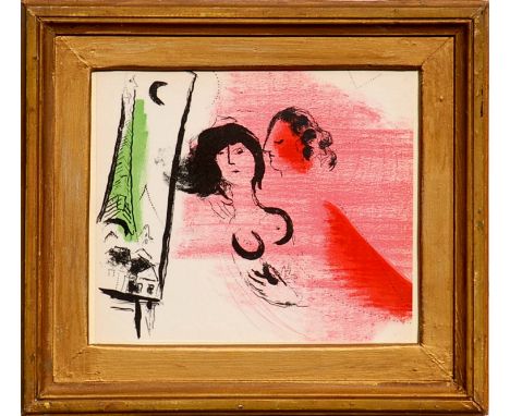 MARC CHAGALL 'Lovers and Green Eiffel Tower', original lithograph 1957, printed by Mourlot Freres, reference Cramer 34, 19cm 