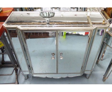 MIRRORED SIDEBOARD, with two doors and internal shelf on square supports, 100cm x 35cm x 91cm H.