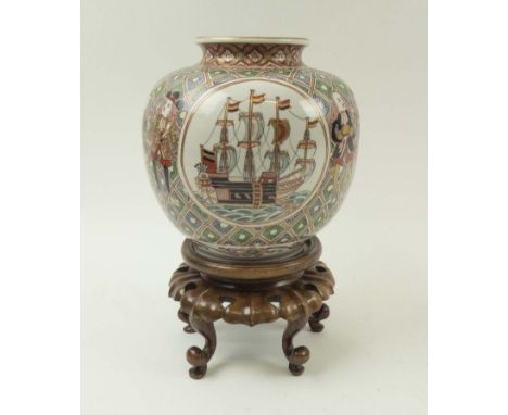 ORIENTAL CERAMIC VASE, of ovoid form decorated merchants and four masted trading ships, 17cm H plus wooden display stand.