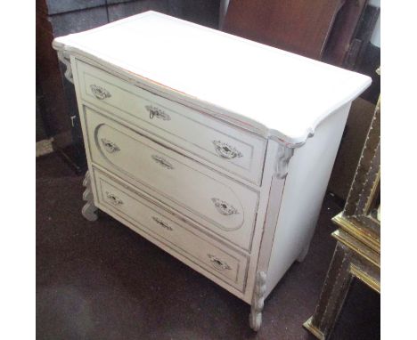 COMMODE, late 19th century German distressed cream and grey painted pine with three long drawers below, 97cm W x 85cm H x 51c