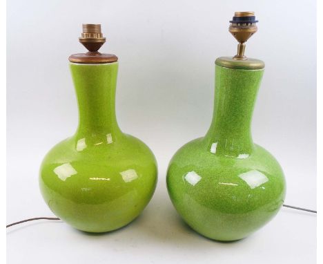 PAIR OF 20TH CENTURY ORIENTAL VASE TABLE LAMPS, lime green crackle glaze ceramic, each 41cm H. (2)