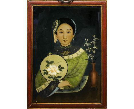 CHINESE PORTRAIT OF LADY, reverse painted on glass, 53cm x 37cm.