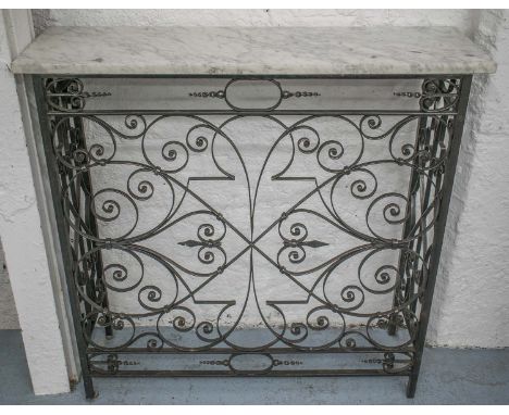 CONSOLE TABLE, rectangular white Carrara marble top on intricate wrought iron scroll support, 101cm W x 99cm H x 30cm D.