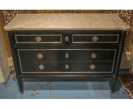 COMMODE, French decorative design, ebonised and silver metal mounted with two short and two long drawers, 122cm W x 87cm H x 