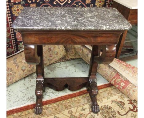 CONSOLE TABLE, Louis Philippe mahogany having a marble top and a single frieze drawer with scrolled supports and claw front f