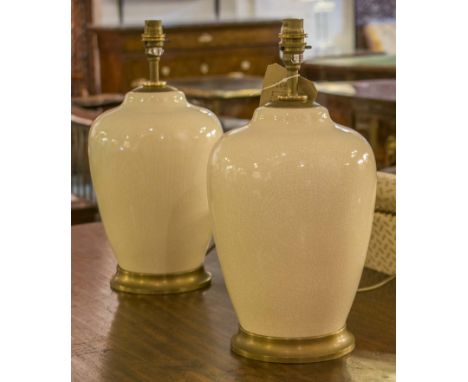 LAMPS, a pair, vase shaped ceramic cream crackelure and gilt metal rimmed, 40cm H (2)