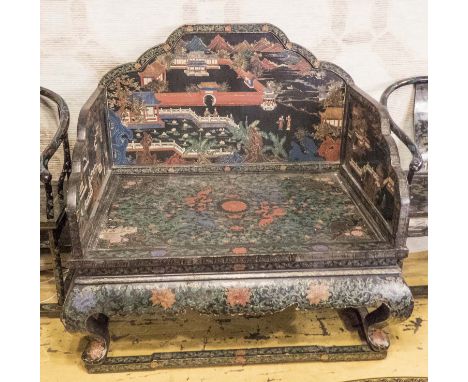 CHINESE DAYBED, early/mid 20th century lacquered with ornate architectural, foliate, figural and landscape decoration, 133cm 