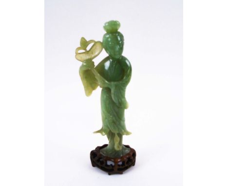 MID 20TH CENTURY CHINESE CARVED JADE STUDY OF A DIETY, 20cm H plus wooden stand and presentation box.