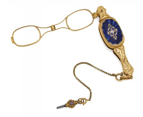 Lorgnette-Einhandbrille mit eingebauter Uhrwerksfunktion. Herkunft: Schweiz. Datierung: Um 1850/60. Werk: Schlüsselaufzug, Zy