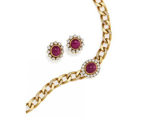 RUBIN-DIAMANT-SET: COLLIER UND OHRSTECKCLIPS. Herkunft: Deutschland. Datierung: Um 1970. Material: 750/- Gelbgold, Punze. Ges