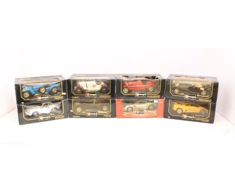 Diecast: A collection of eight 1:18 Bburago scale model vehicles, including: Mercedes, Jaguar, Bugatti, Porsche, Lamborghini,