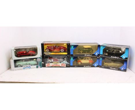 Diecast: A collection of eight boxed 1:18 scale diecast models to include: Solido Prestige, ERTL American Muscle, Motor Max a