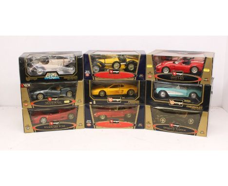 Diecast: A collection of nine 1:18 Bburago scale model vehicles, including: Shelby, Chevrolet, Dodge Viper, Bugatti, Ferrari,