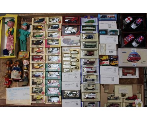 Diecast: A collection of assorted diecast vehicles to include: Corgi, Lledo and others. Together with a pair of Pelham Puppet