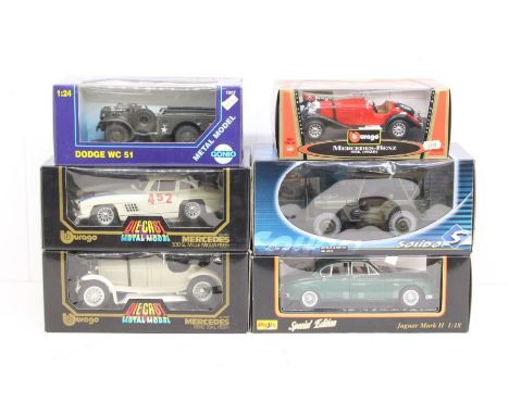 Diecast: A collection of six boxed diecast vehicles to include: Bburago, Maisto, Solido, and Gonio. Vehicles appear in a good