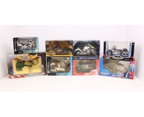 Diecast: A collection of eight 1:9 and 1:10 scale diecast model motorbikes to include: Guiloy, Road Legends, NewRay, ERTL and