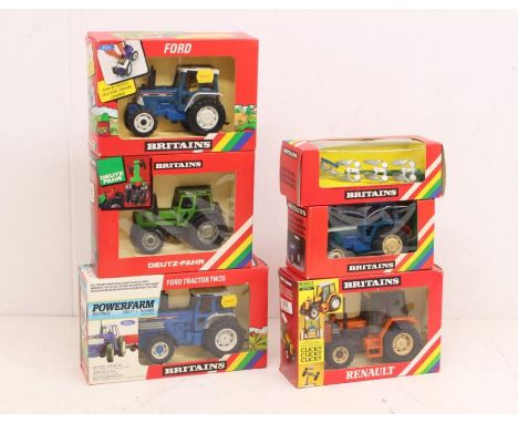 Britains: A collection of six boxed Britains vehicles to comprise: Ford Tractor 5610 Ref 9527; Deutz Tractor Ref 9526; Renaul