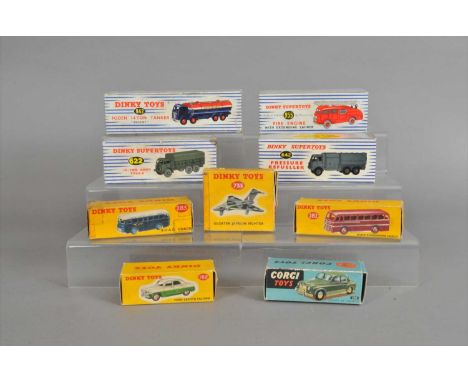 Nine selected Corgi and Dinky diecast models to include Corgi 204 Rover 90 Saloon, Dinky 283 B.O.A.C Coach, 735 Gloster Javel