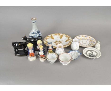 Assorted ceramics, 19th century and later comprising three Staffordshire toby salt/pepper pots, similar jug, pair of Royal Wo