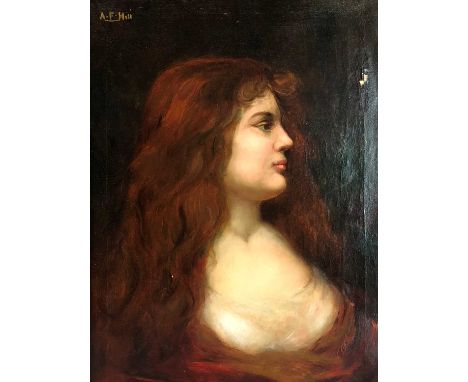 A F Hill (British school, late 19th century), Portrait of a young lady with red hair, oil on canvas, 59 x 43cm