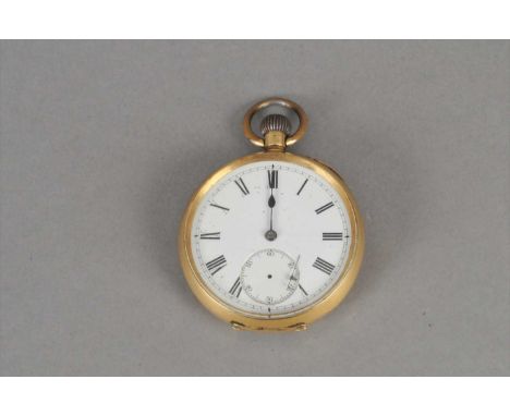 Open face pocketwatch (stem-set) with white enamel dial and contrasting black romans, spade and whip blued- stamped 18k