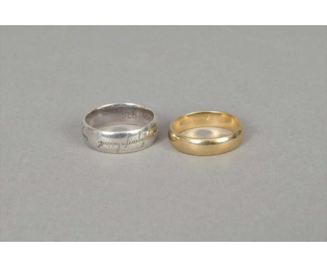 A 9ct gold wedding band, ring size Q, weight approx 4.1g, together with a 'Fusion 925' 'Lord of the Rings' replica ring, size