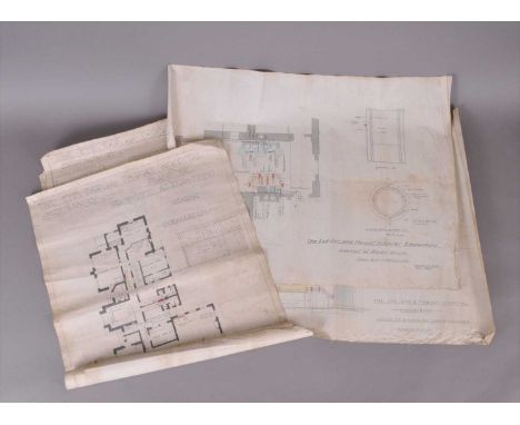 A group of five George V hand coloured architectural drawings / plans for The Eye, Ear and Throat Hospital, Shrewsbury to inc