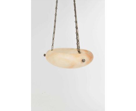 An Art Deco white alabaster ceiling light, with metal mounts and ganging chain, 34 cm in diameter.