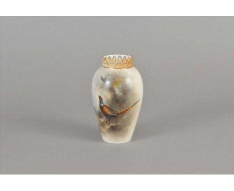 A Royal Worcester blush ivory vase early 20th century of slender ovoid form with reticulated upper rim, painted with James St