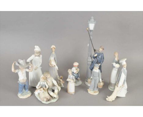 A collection of Lladro and Nao figures including a 'Lamplighter', model number 5205, 47cm high; 'Friendship' model 1230; 'My 