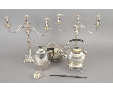 A silver toddy ladle with turned handle, Birmingham 1972, together with a pair of silver plated candelabra, a plated dish cov