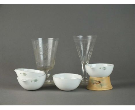 A set of four Royal Worcester apothecary evaporating dishes, size 5/0 with a small Royal Worcester blush ivory pot painted wi