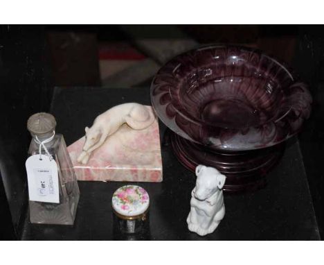 LOT OF CERAMICS AND GLASSincluding a frosted glass scent bottle, a smokey purple glass dish and stand; together with two blue