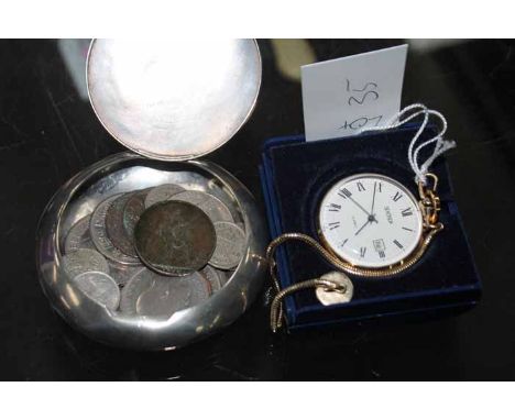 LOT OF COINSalso a silver snuff box and a pocket watch