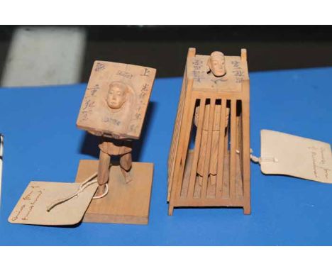 SMALL LOT OF COLLECTABLEScomprising two models depicting Chinese torture methods, pierced string box, Chinese compass and two
